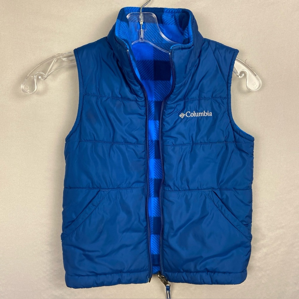 Columbia Puffer Vest Boys Size XXS 4/5 Blue Plaid Lined Reversible